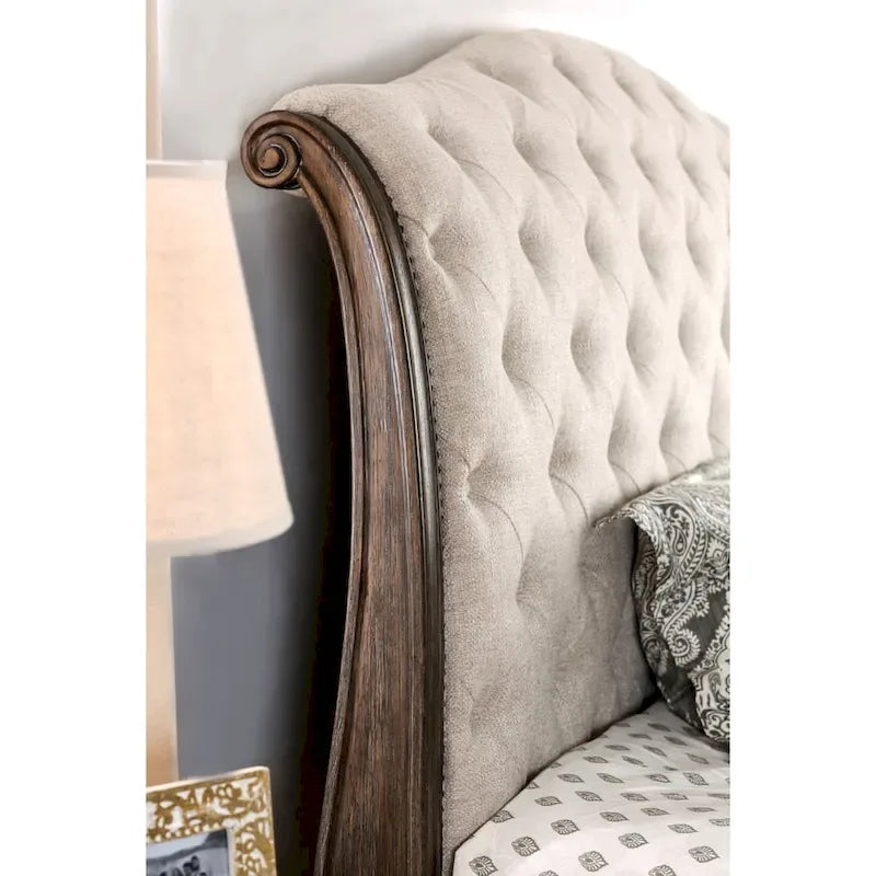 Furniture of America Brev Rustic Beige Tufted Fabric Sleigh Bed
