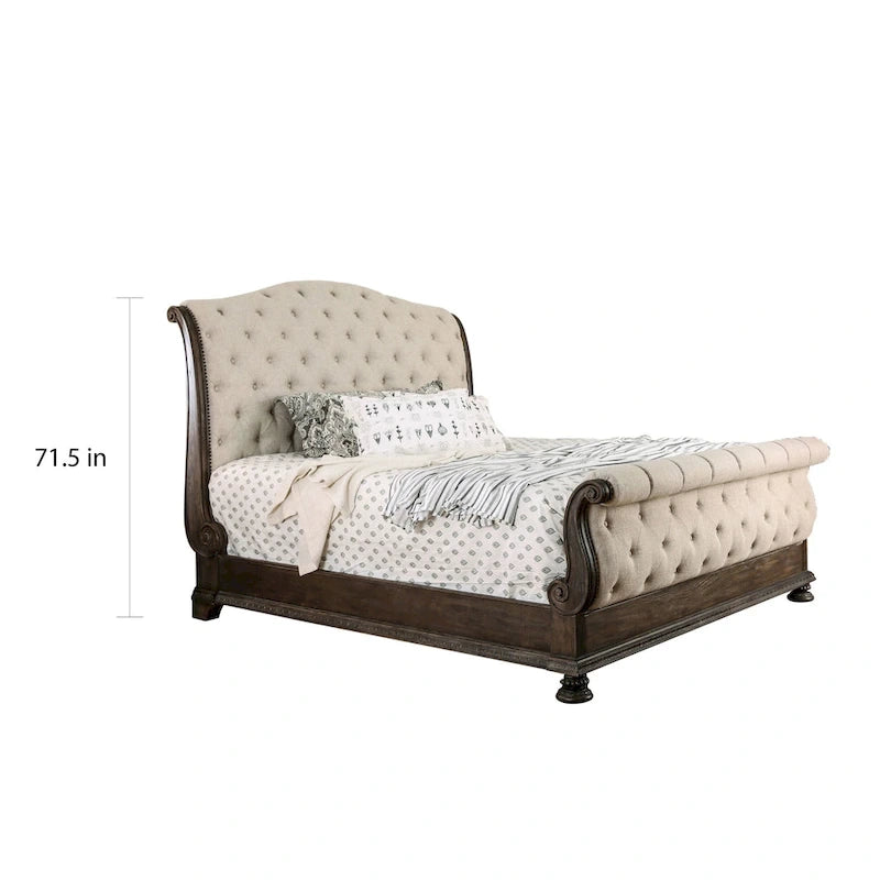 Furniture of America Brev Rustic Beige Tufted Fabric Sleigh Bed