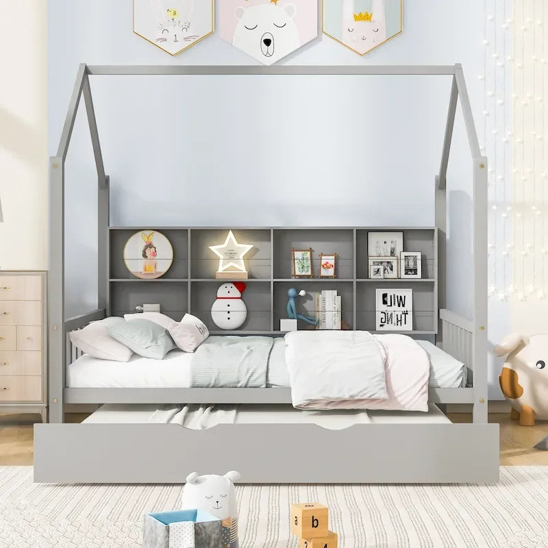 Letto a capanna in legno per bambini con letto estraibile, letto per bambini con mensola
