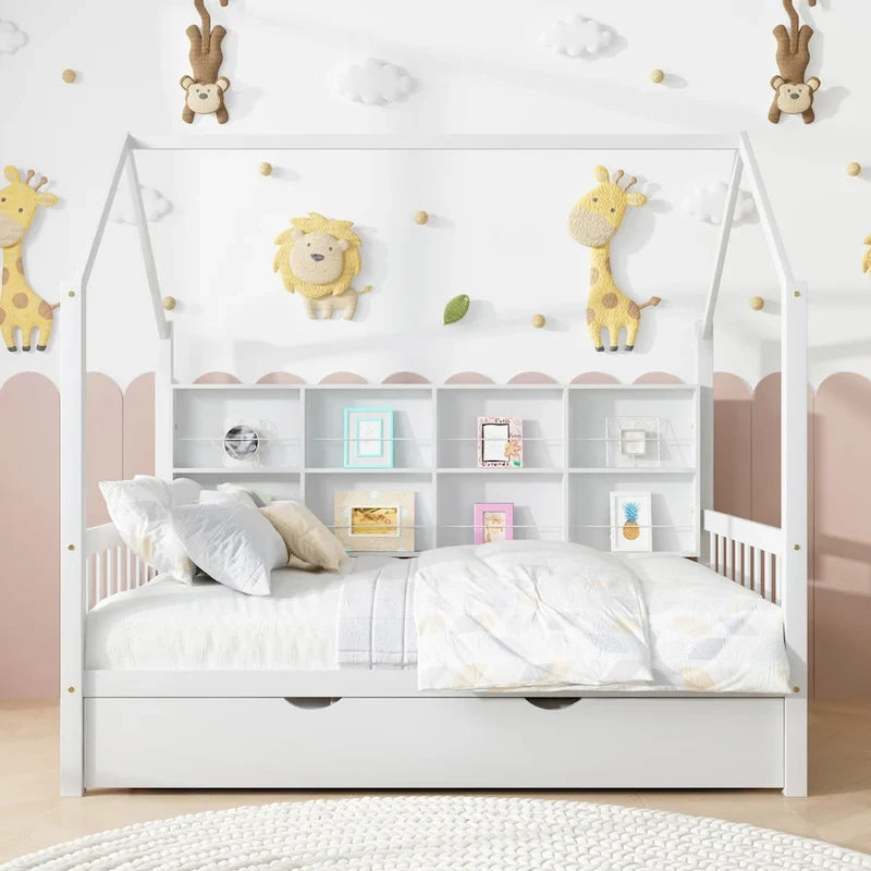 Wooden Full Size House Bed with Trundle,Kids Bed with Shelf