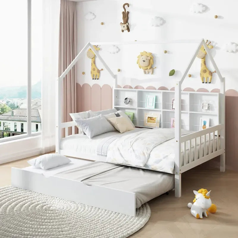 Letto a capanna in legno per bambini con letto estraibile, letto per bambini con mensola