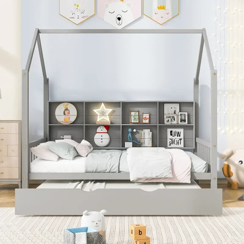 Letto a capanna in legno per bambini con letto estraibile, letto per bambini con mensola