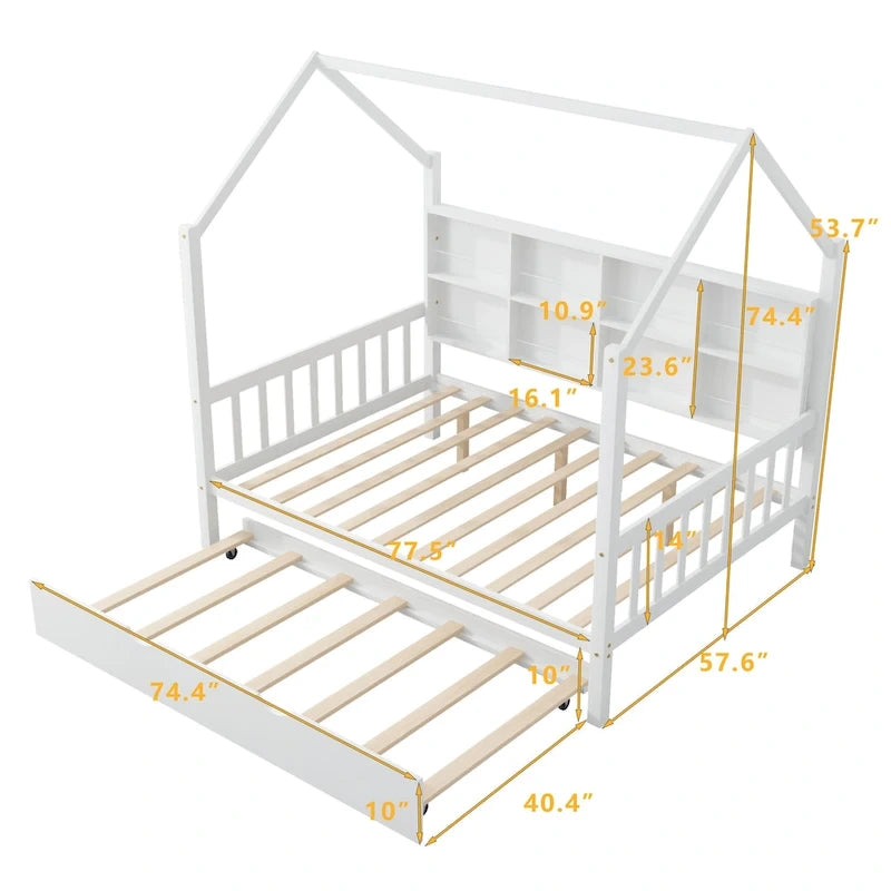 Letto a capanna in legno per bambini con letto estraibile, letto per bambini con mensola