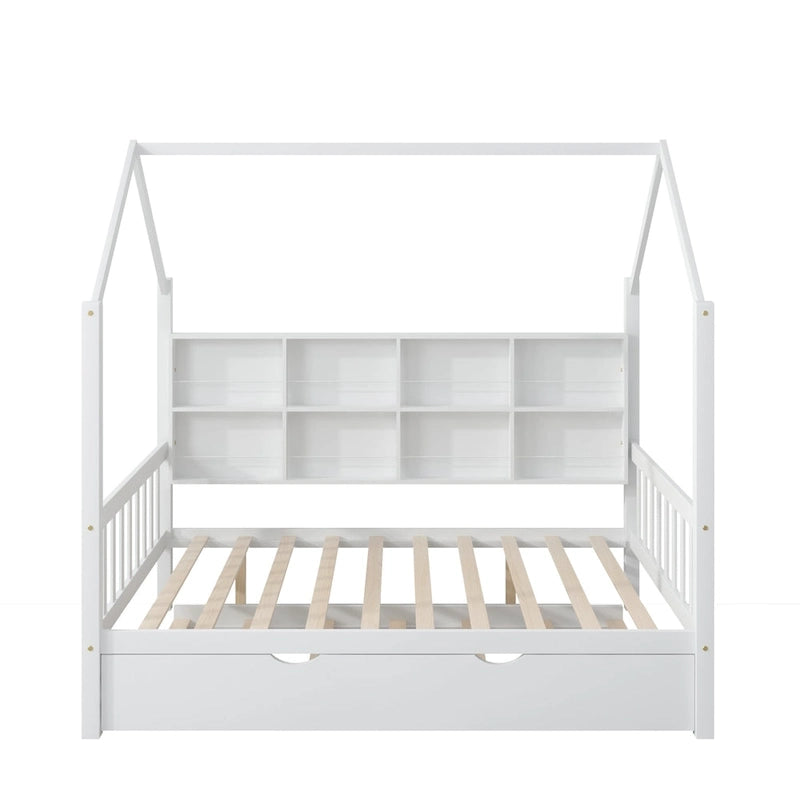 Letto a capanna in legno per bambini con letto estraibile, letto per bambini con mensola