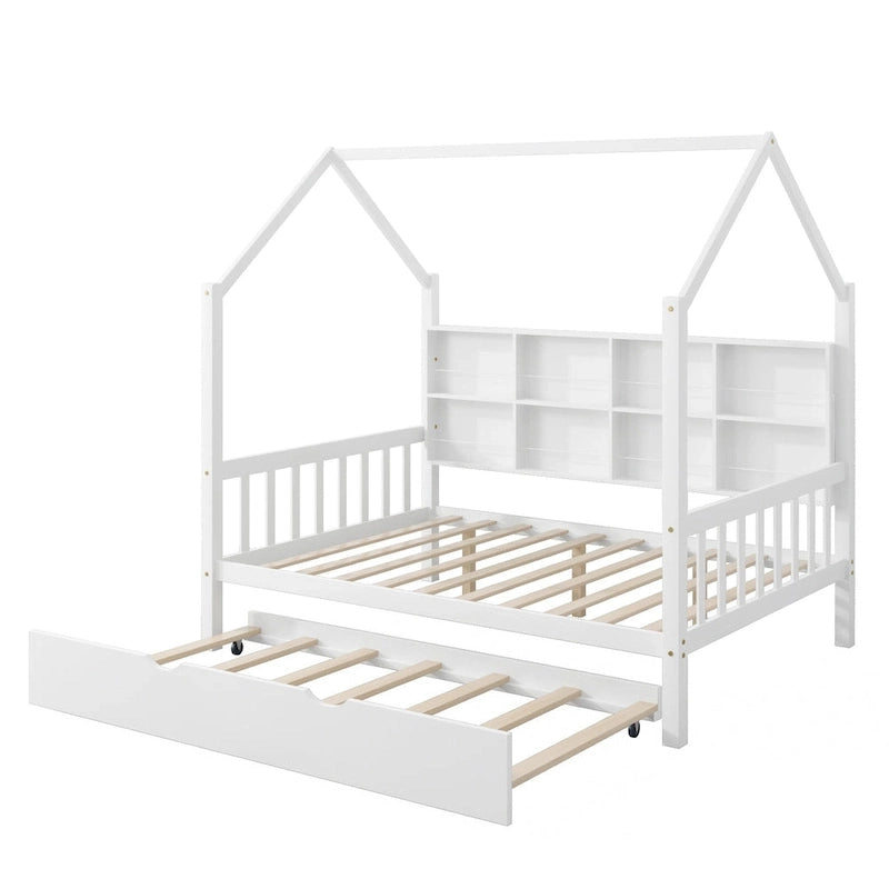 Letto a capanna in legno per bambini con letto estraibile, letto per bambini con mensola