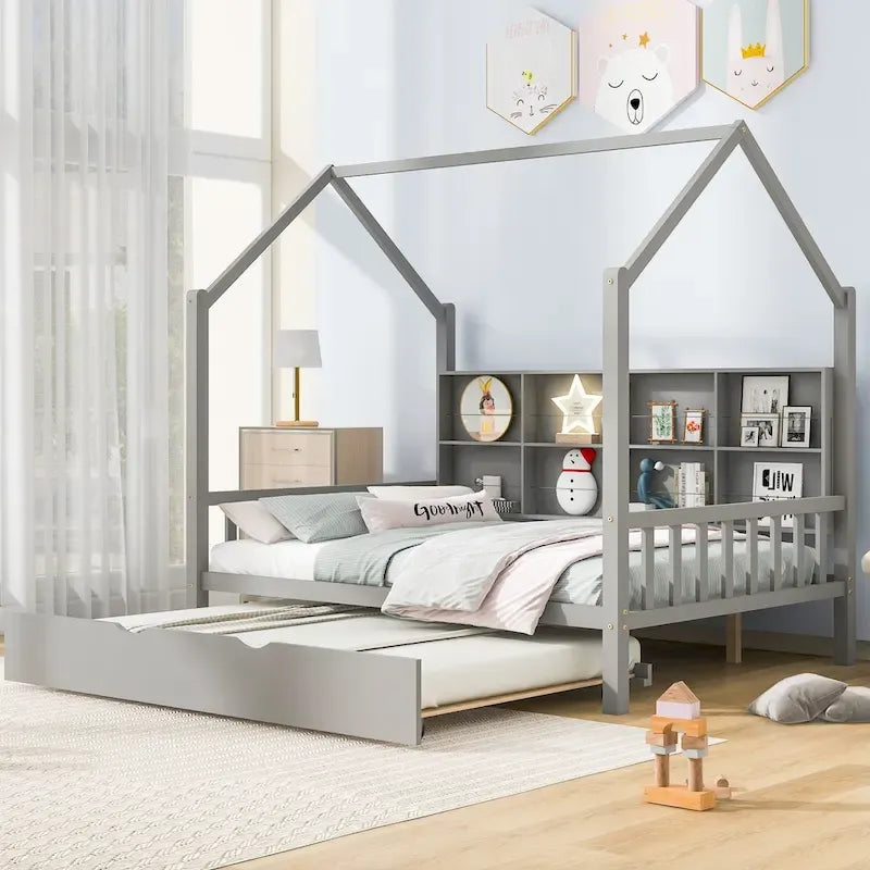 Letto a capanna in legno per bambini con letto estraibile, letto per bambini con mensola
