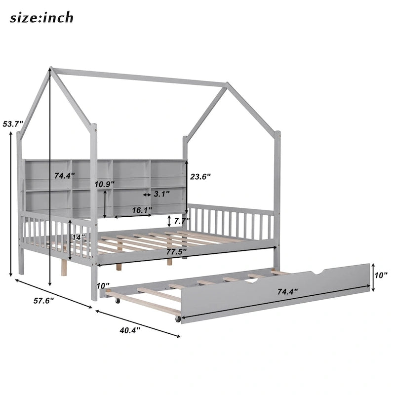 Letto a capanna in legno per bambini con letto estraibile, letto per bambini con mensola