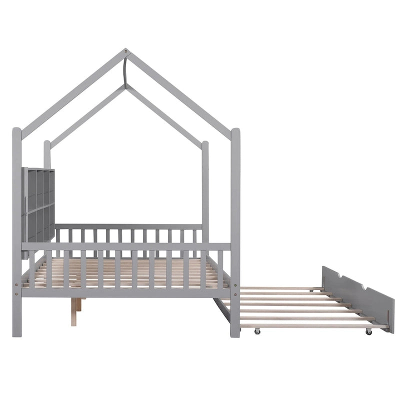 Letto a capanna in legno per bambini con letto estraibile, letto per bambini con mensola