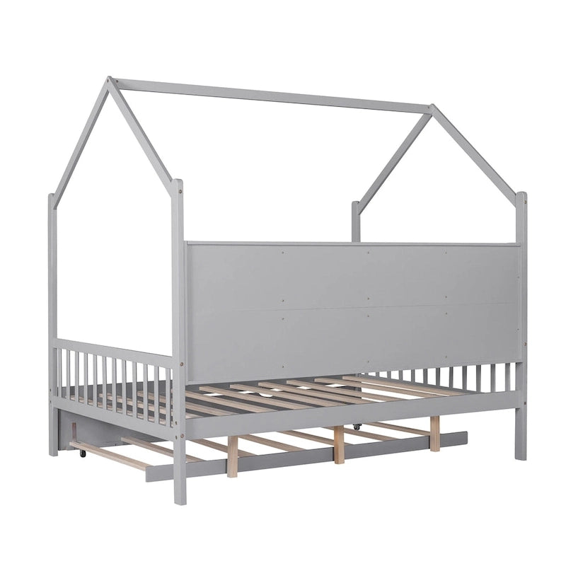 Letto a capanna in legno per bambini con letto estraibile, letto per bambini con mensola