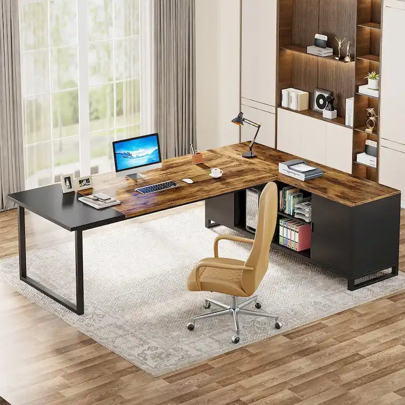 Scrivania direzionale a L da 70,8" con schedario da 55"
