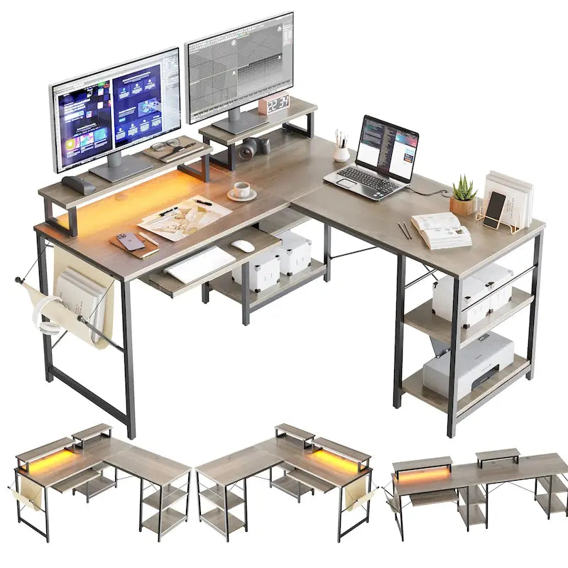 Scrivania ad angolo a L con LED da 241,8 cm per computer con vassoio per tastiera e supporto per monitor