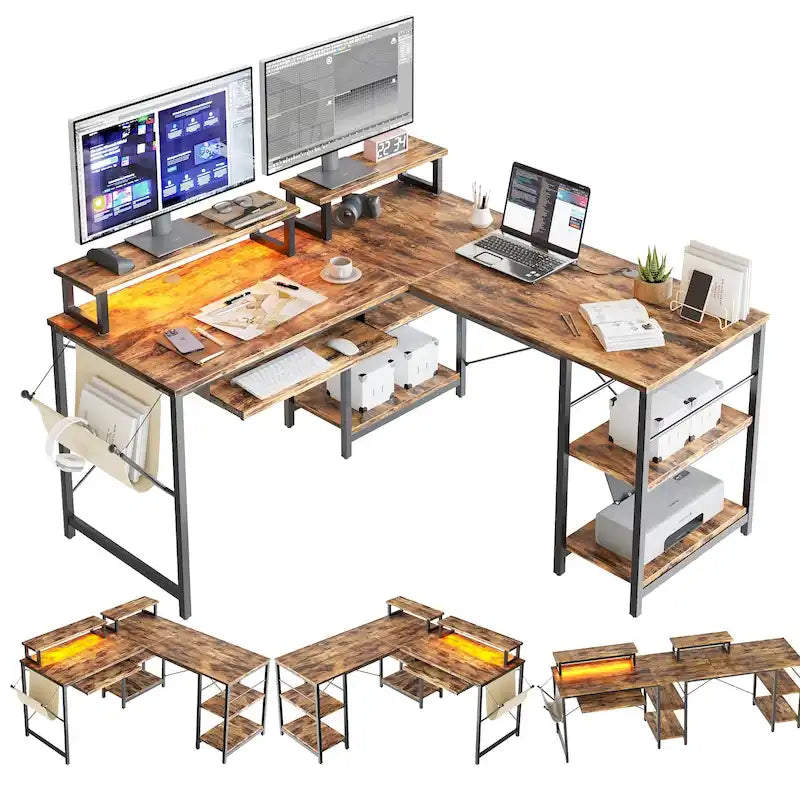 Scrivania ad angolo a L con LED da 241,8 cm per computer con vassoio per tastiera e supporto per monitor