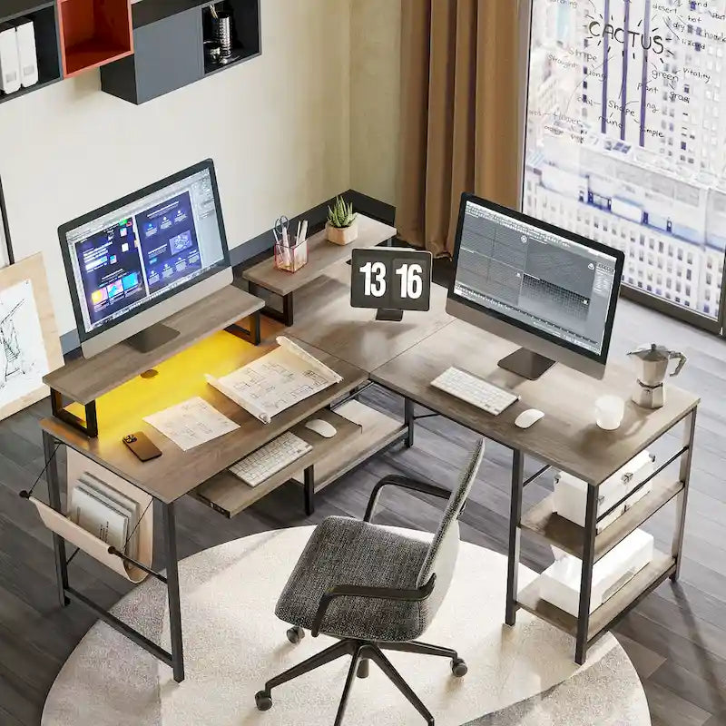 Scrivania ad angolo a L con LED da 241,8 cm per computer con vassoio per tastiera e supporto per monitor