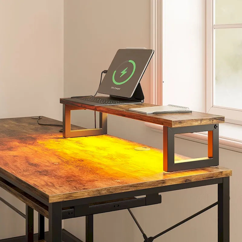 Scrivania ad angolo a L con LED da 241,8 cm per computer con vassoio per tastiera e supporto per monitor