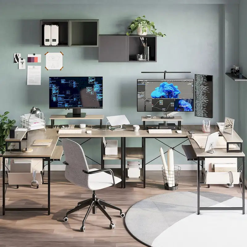 Scrivania ad angolo a L con LED da 241,8 cm per computer con vassoio per tastiera e supporto per monitor