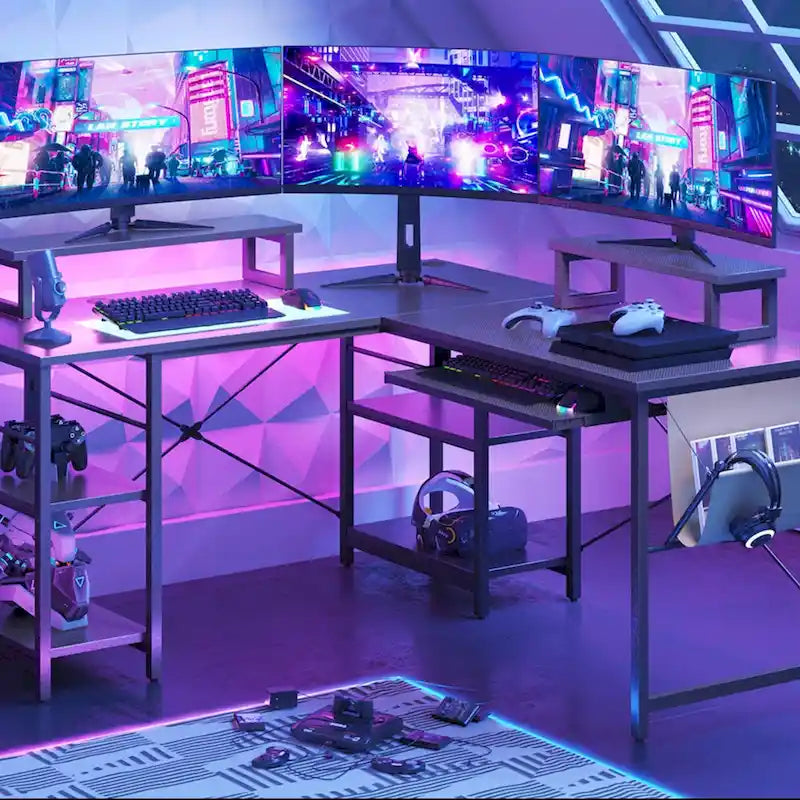 Scrivania ad angolo a L con LED da 241,8 cm per computer con vassoio per tastiera e supporto per monitor