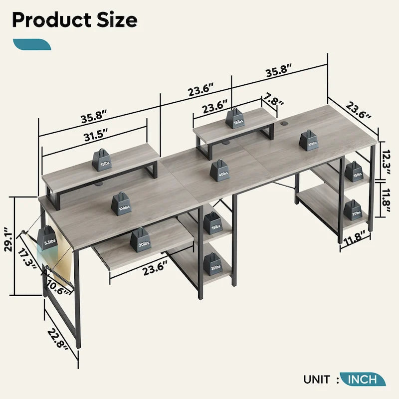 Scrivania ad angolo a L con LED da 241,8 cm per computer con vassoio per tastiera e supporto per monitor