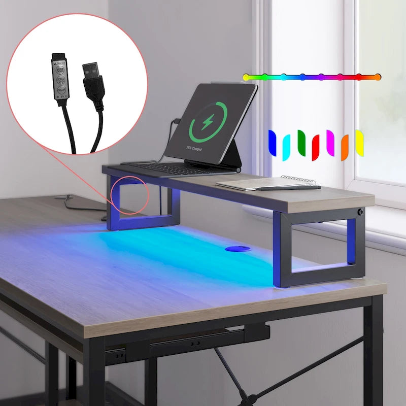 Scrivania ad angolo a L con LED da 241,8 cm per computer con vassoio per tastiera e supporto per monitor