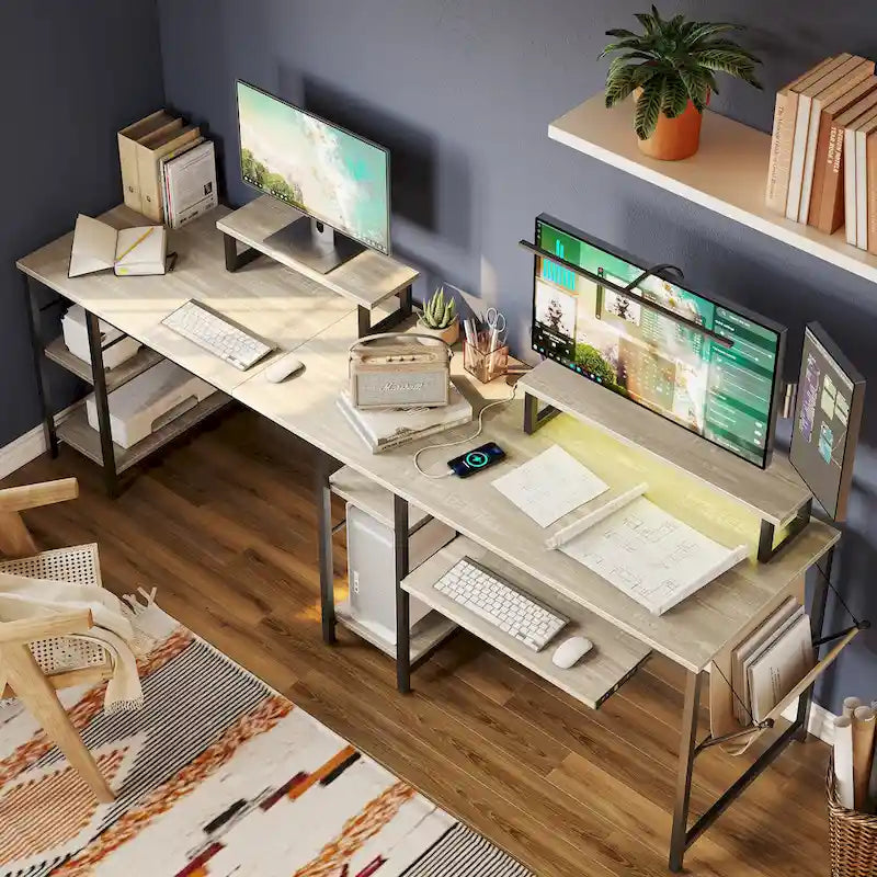 Scrivania ad angolo a L con LED da 241,8 cm per computer con vassoio per tastiera e supporto per monitor