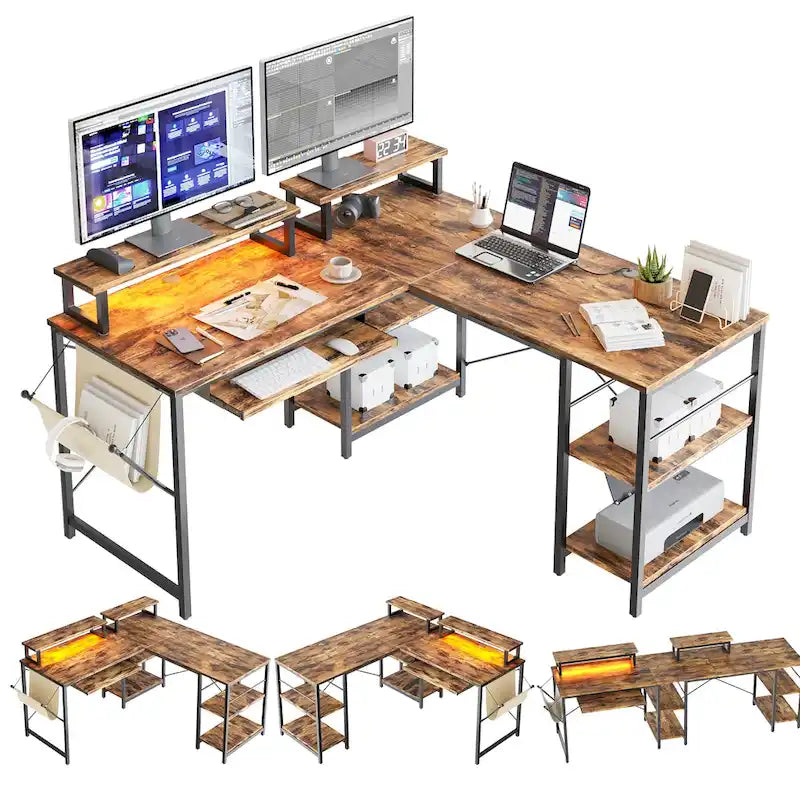 Scrivania ad angolo a L con LED da 241,8 cm per computer con vassoio per tastiera e supporto per monitor