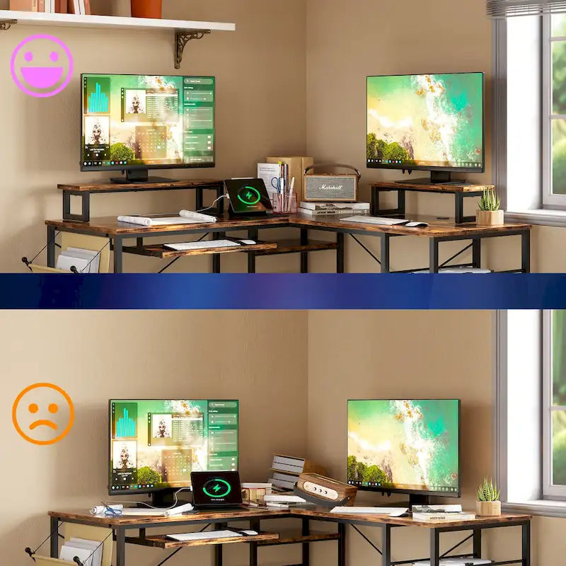 Scrivania ad angolo a L con LED da 241,8 cm per computer con vassoio per tastiera e supporto per monitor