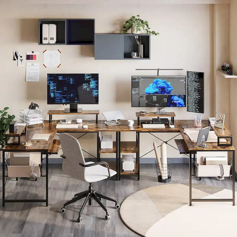 Scrivania ad angolo a L con LED da 241,8 cm per computer con vassoio per tastiera e supporto per monitor