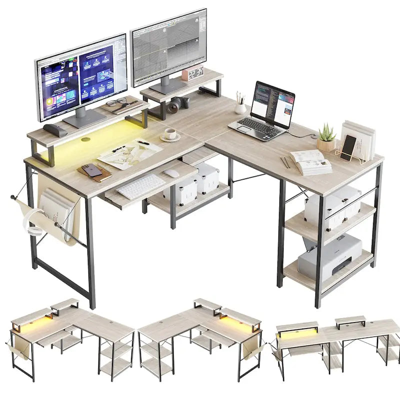 Scrivania ad angolo a L con LED da 241,8 cm per computer con vassoio per tastiera e supporto per monitor