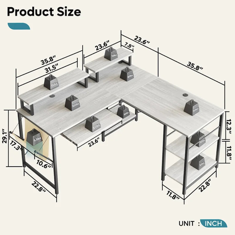Scrivania ad angolo a L con LED da 241,8 cm per computer con vassoio per tastiera e supporto per monitor