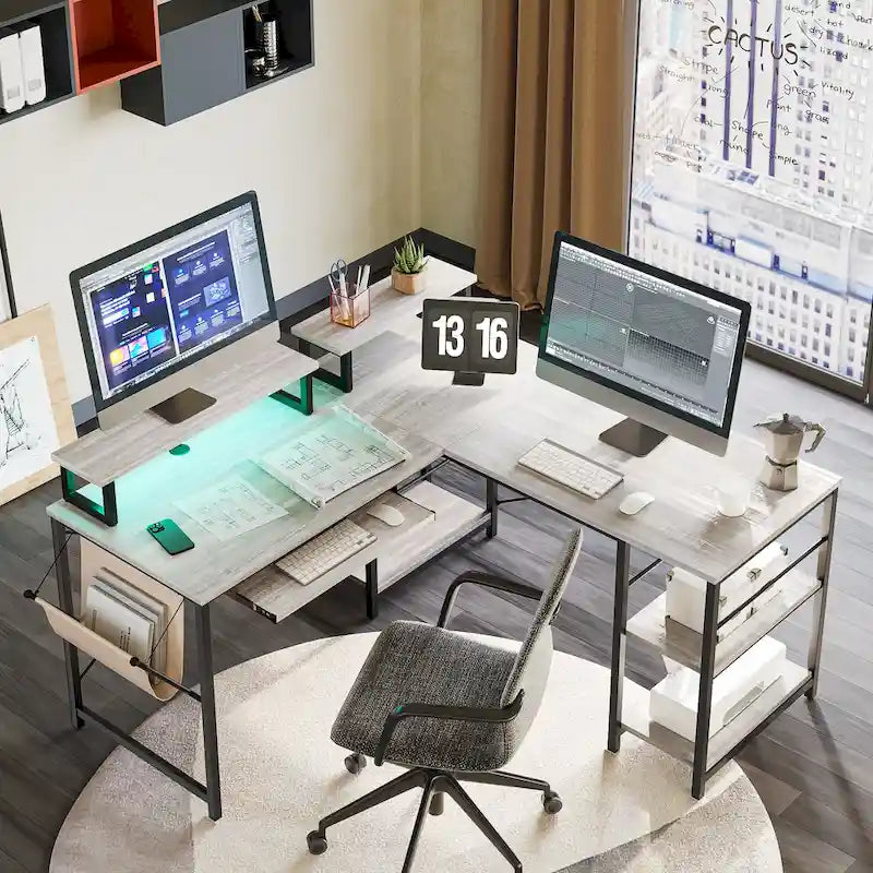 Scrivania ad angolo a L con LED da 241,8 cm per computer con vassoio per tastiera e supporto per monitor