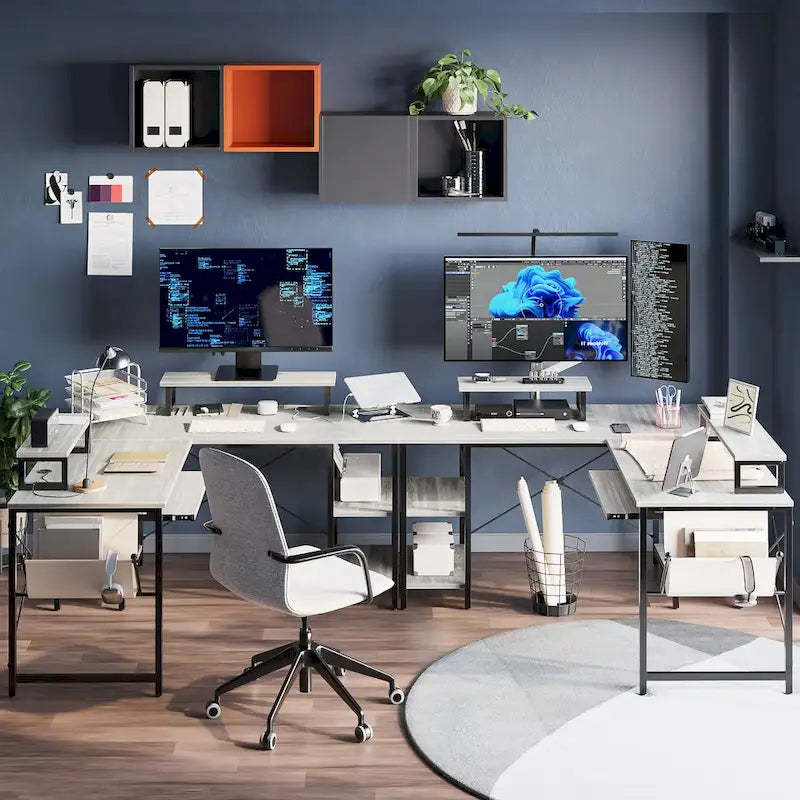 Scrivania ad angolo a L con LED da 241,8 cm per computer con vassoio per tastiera e supporto per monitor