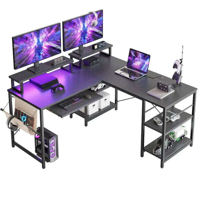 Scrivania ad angolo a L con LED da 241,8 cm per computer con vassoio per tastiera e supporto per monitor