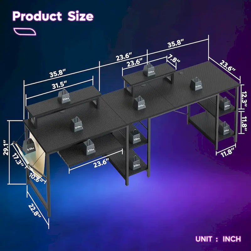Scrivania ad angolo a L con LED da 241,8 cm per computer con vassoio per tastiera e supporto per monitor