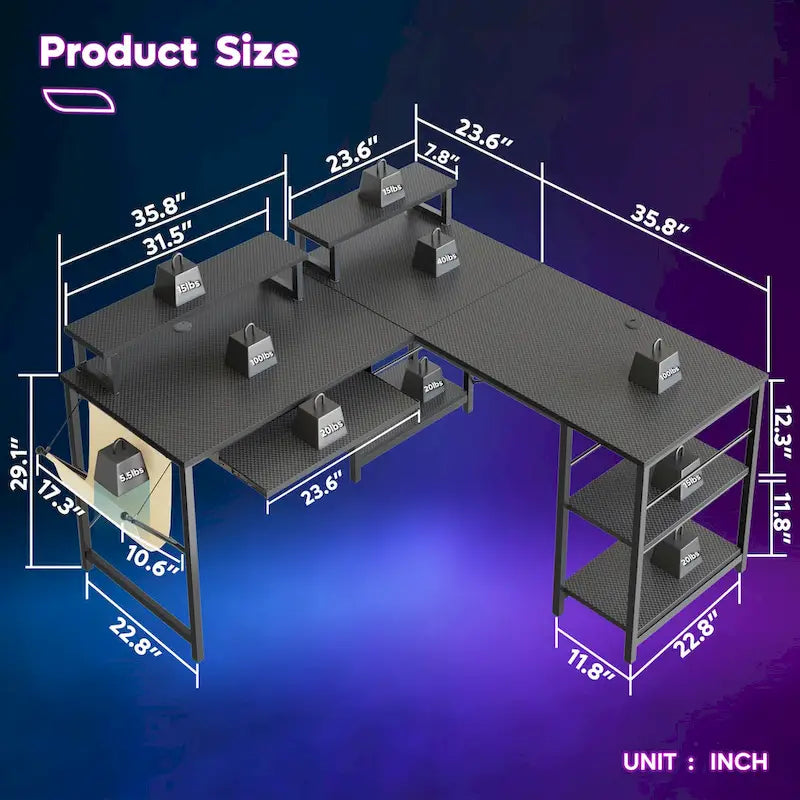 Scrivania ad angolo a L con LED da 241,8 cm per computer con vassoio per tastiera e supporto per monitor