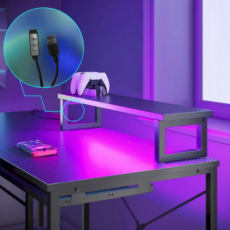 Scrivania ad angolo a L con LED da 241,8 cm per computer con vassoio per tastiera e supporto per monitor
