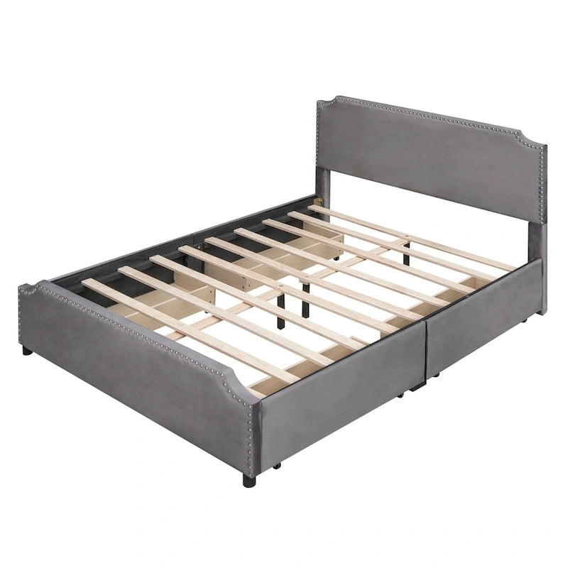 Upholstered Platform Bed with Stud Trim and 4 Drawers