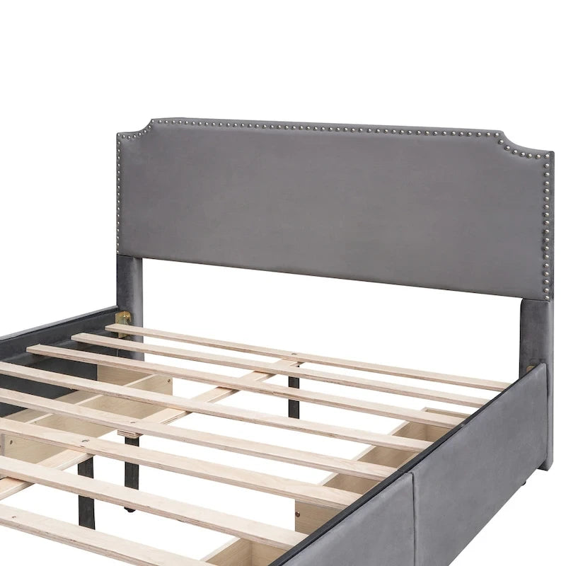 Upholstered Platform Bed with Stud Trim and 4 Drawers