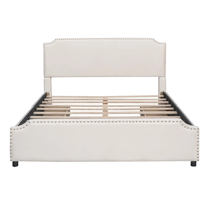 Upholstered Platform Bed with Stud Trim and 4 Drawers