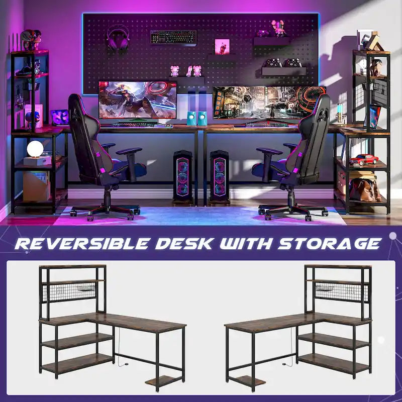 L-Shaped Computer Desk Reversible Corner Desk with Wireless Charging 9 Storage Shelves and Bookshelf for Home Office