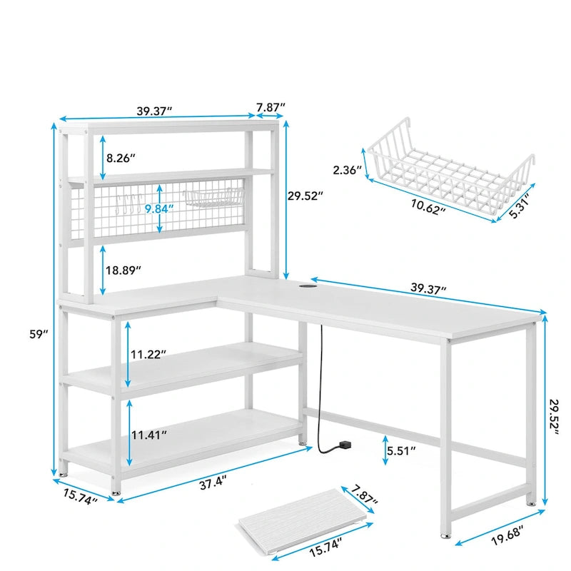 L-Shaped Computer Desk Reversible Corner Desk with Wireless Charging 9 Storage Shelves and Bookshelf for Home Office