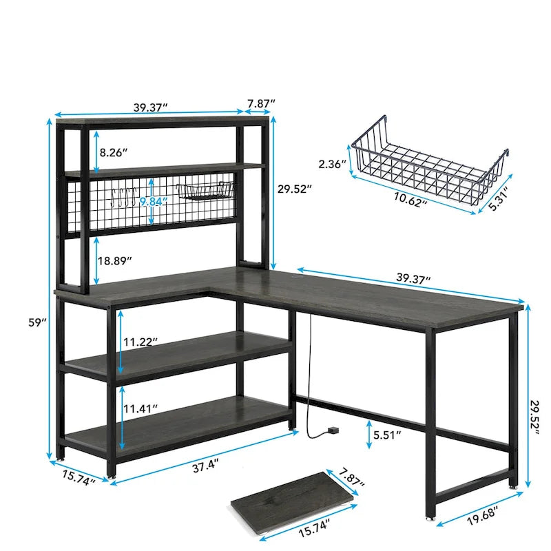 L-Shaped Computer Desk Reversible Corner Desk with Wireless Charging 9 Storage Shelves and Bookshelf for Home Office