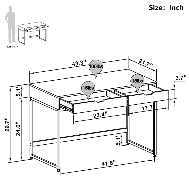 43 W Home Office Computer Desk with 2 Drawers, Modern Writing Study Desk