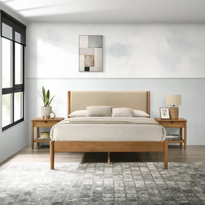 Roundhill Furniture Vichy 3-Piece Bedroom Set, Platform Bed with Two Nightstands, Queen