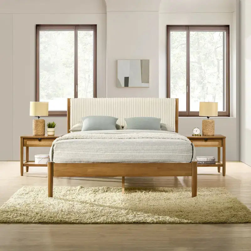 Roundhill Furniture Vichy 3-Piece Bedroom Set, Platform Bed with Two Nightstands, Queen
