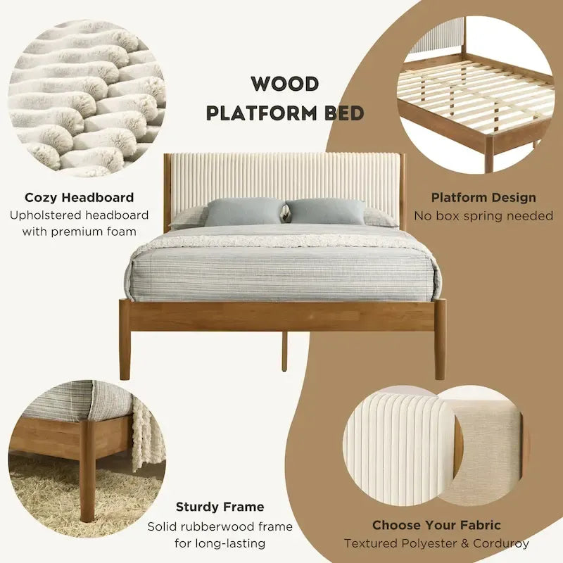 Roundhill Furniture Vichy 3-Piece Bedroom Set, Platform Bed with Two Nightstands, Queen