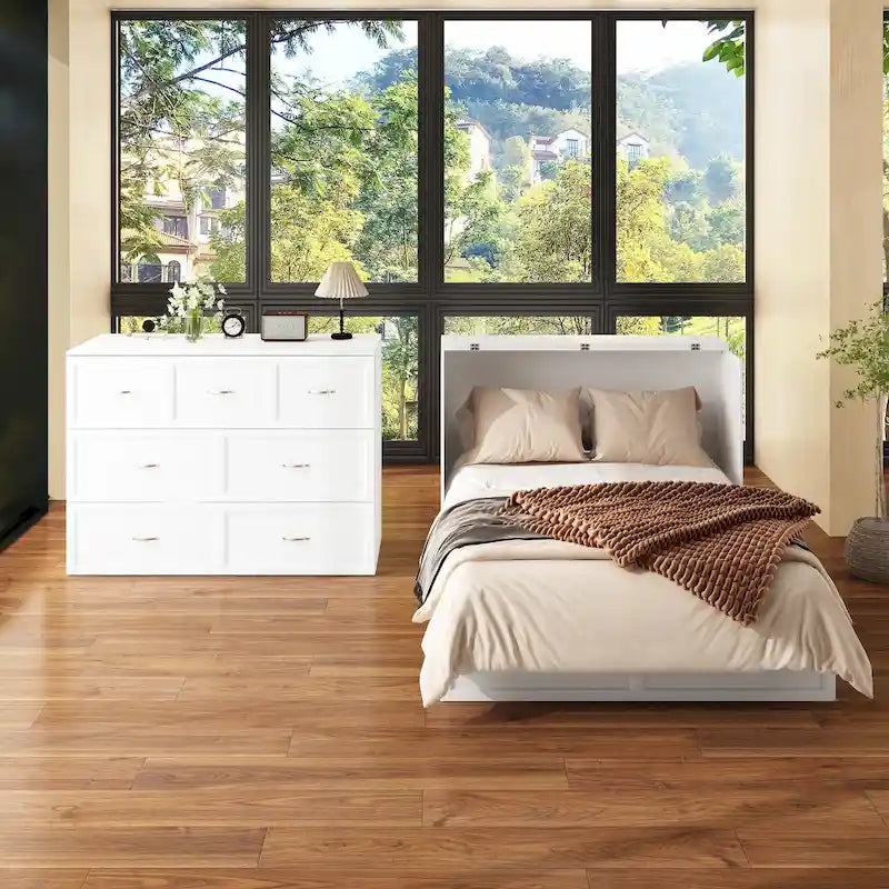 Cassettiera con letto a scomparsa bianco, ideale per sala feste, ufficio o per ottimizzare gli spazi.
