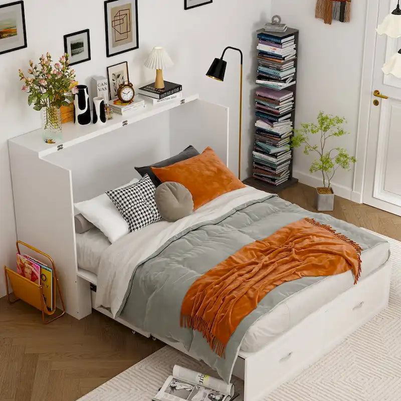 Cassettiera con letto a scomparsa bianco, ideale per sala feste, ufficio o per ottimizzare gli spazi.