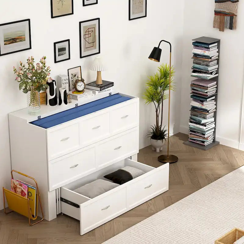 Cassettiera con letto a scomparsa bianco, ideale per sala feste, ufficio o per ottimizzare gli spazi.