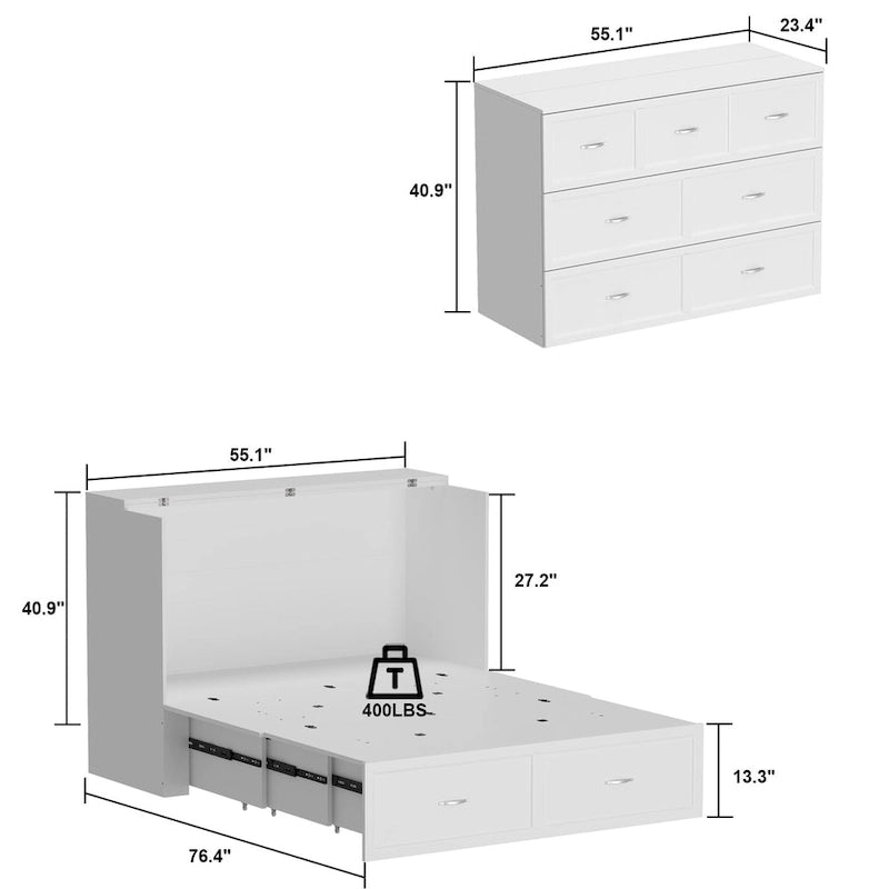 Cassettiera con letto a scomparsa bianco, ideale per sala feste, ufficio o per ottimizzare gli spazi.