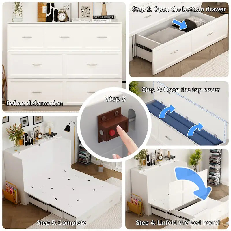 Cassettiera con letto a scomparsa bianco, ideale per sala feste, ufficio o per ottimizzare gli spazi.