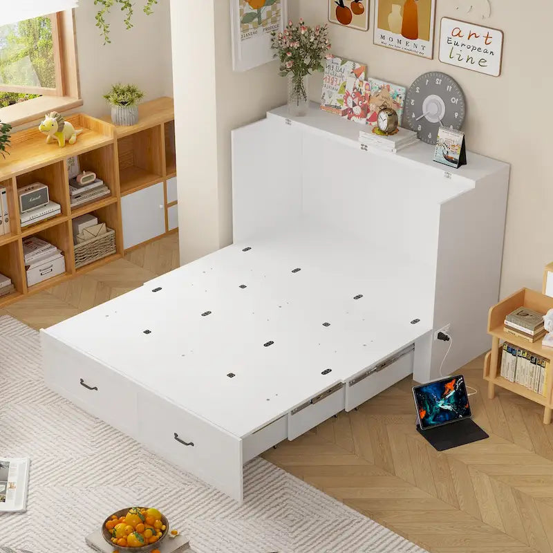 Cassettiera con letto a scomparsa bianco, ideale per sala feste, ufficio o per ottimizzare gli spazi.